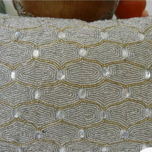 EMBELLISHED SILVER GOLD BEADED DECORATIVE PILLOW - Picture 6 of 10